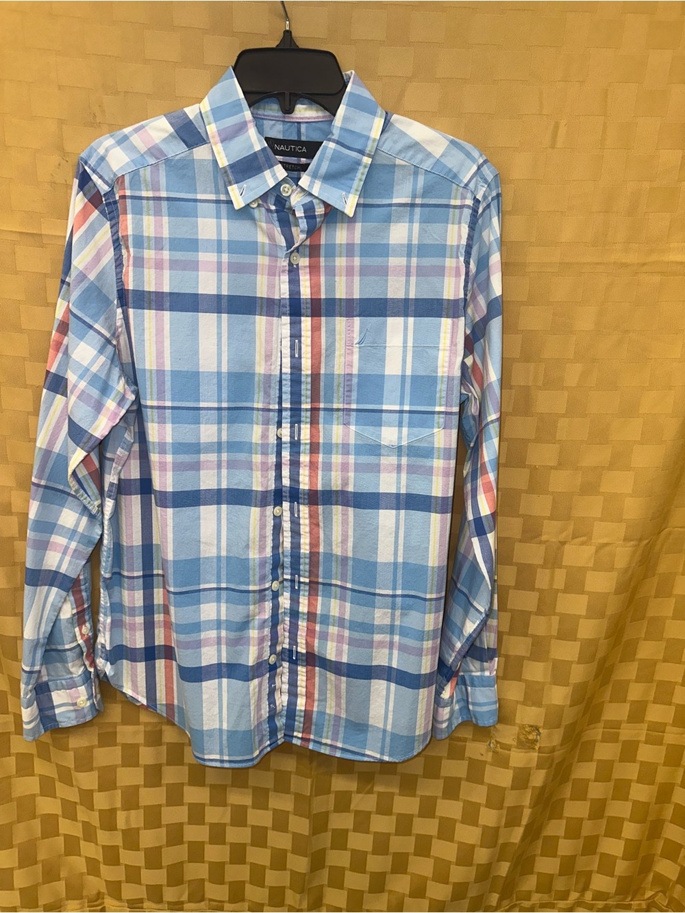 Nautica Men's Blue and White Plaid Button-Down Shirt with Subtle Red Accents